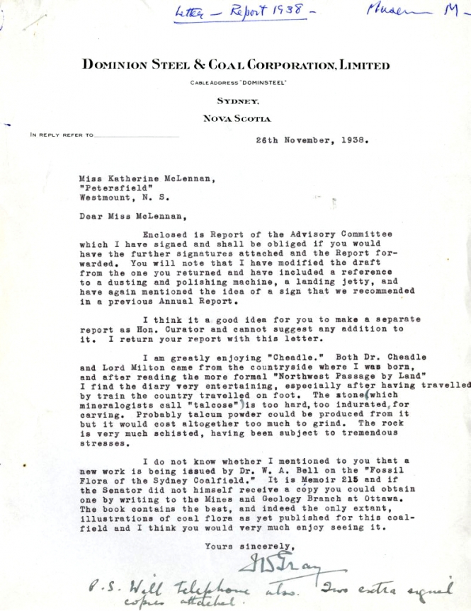 Letter from J.W. Gray to Katharine McLennan